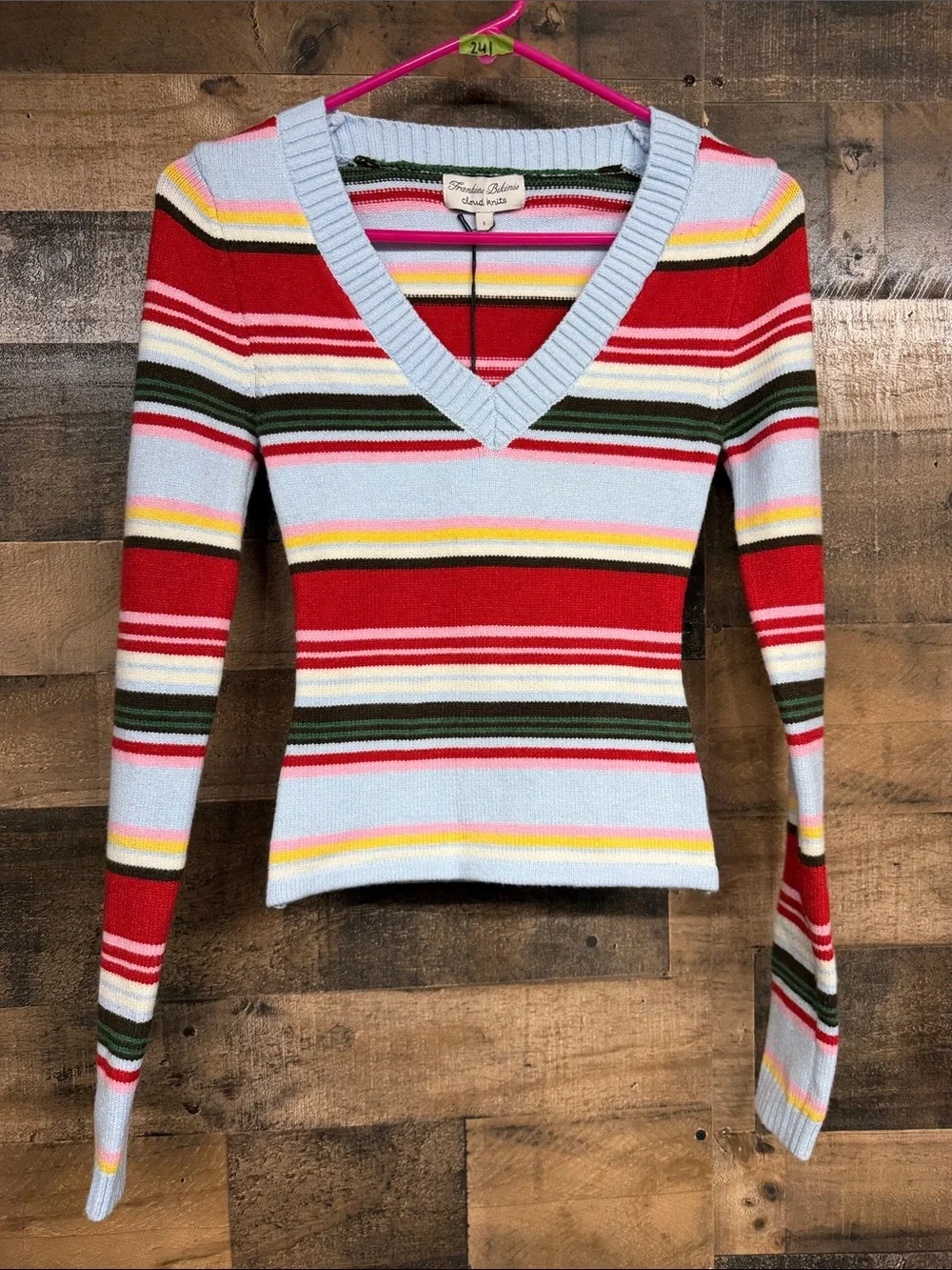 Frankie's Bikinis Striped V-Neck Sweater in Light Blue, Red & Green - Picture 1 of 5